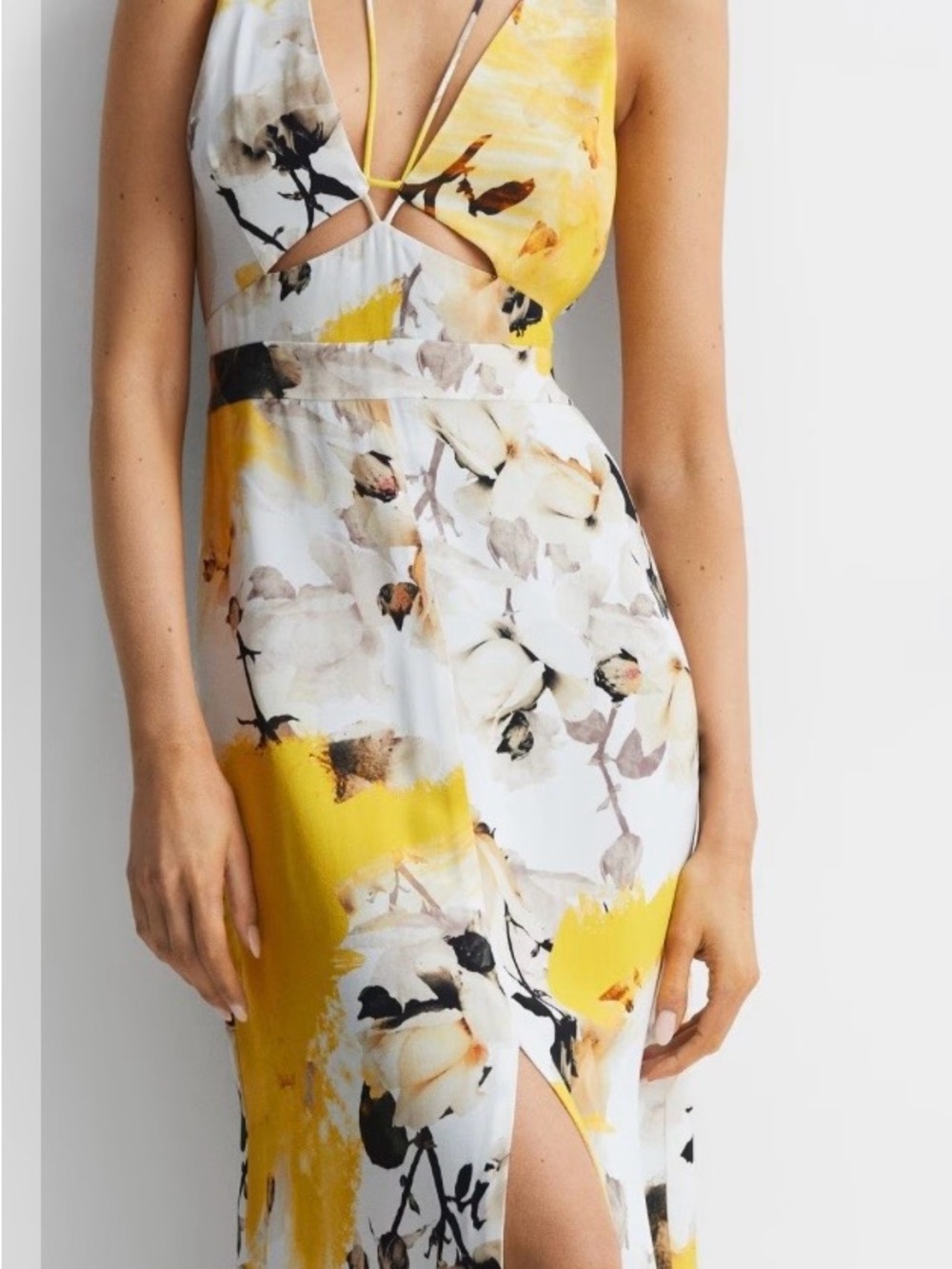 NWOT- Reiss Kasia Fitted Floral Print Midi Dress in Yellow